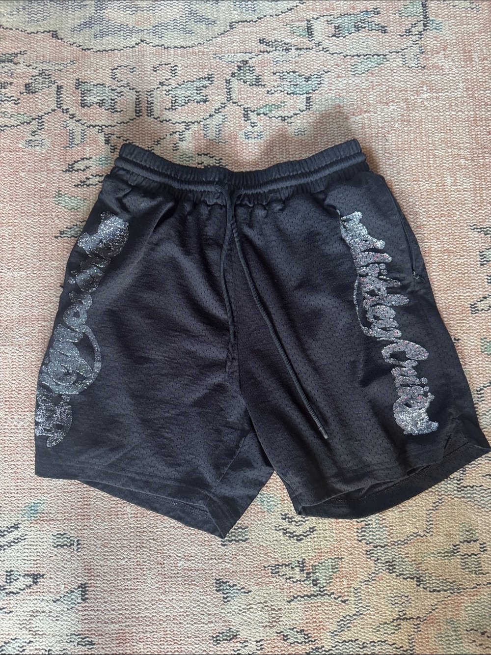 Represent Men's Black Graphic Mesh Shorts - Branded Script Detail size small